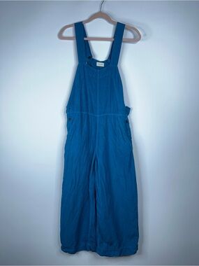Poetry Blue Turquoise Wide-Leg Linen Overalls Adjustable Cropped Size 2